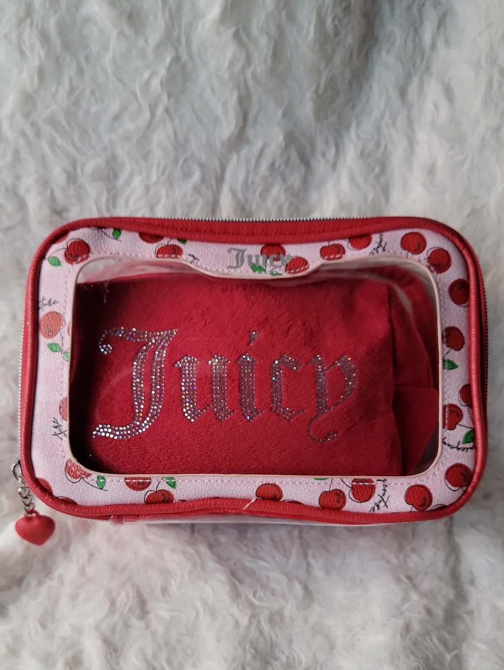 NWOT Juicy Couture Cosmetic Case Combo with Rhinestones & Cherry Trim